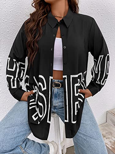 top feminino tamanho grande Mais Camisa Carta Gráfica Botão frontal (Color : Preto, Size : 4XL)