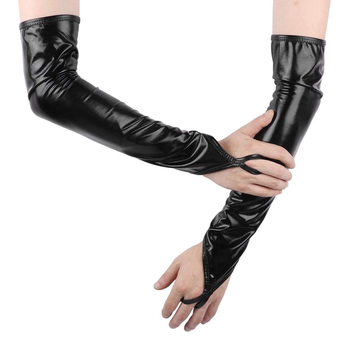 RuiChy Shiny Long Metallic Fingerless Gloves for Women, Patent Leather Elbow Length Opera Gloves Arm Warmer for Evening Party Masquerade Rave Cosplay Stage Performance Night Club Dancewear (Black)