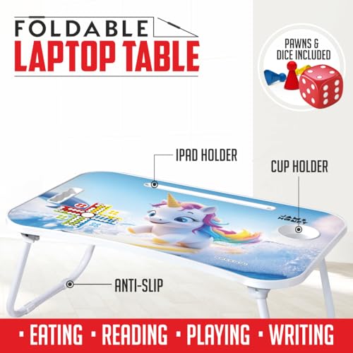 Image of Amazon Brand - Jam & Honey Foldable Laptop Table 4+ Years with Cup Holder & Tablet Stand, BIS Certified, Ergonomic Bed Desk with Ludo Game, Portable Study Table, Cute Unicorn Design, Blue
