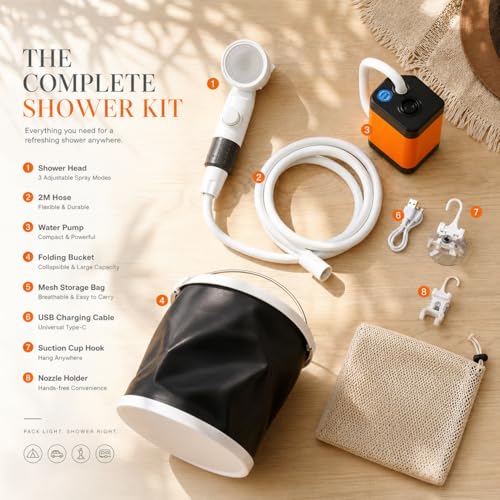 Ducha portátil para camping, bomba eléctrica recargable para exterior con cubo plegable, 3 modos de rociado, manguera de 2 metros, ducha con alimentación USB-C para camping, RV, viaje, baño de mascotas y riego de plantas miniatura 2