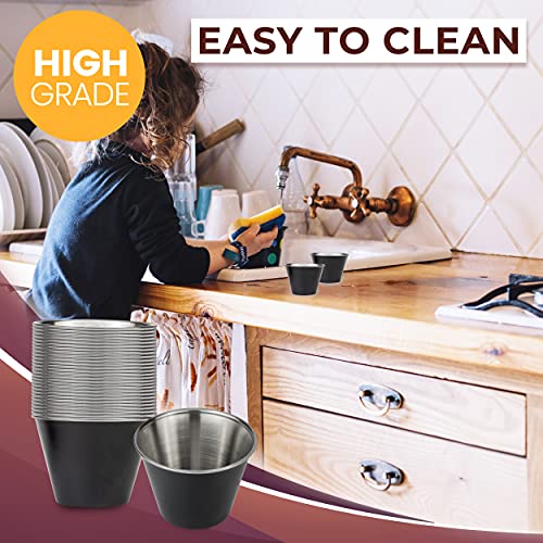 [24 Pack] 2.5 Oz Stainless Steel Sauce Cups - Matte Black Individual Round Condiments Ramekins, Commercial Grade Safe/Portion Dipping Sauce Kitchen Set #TOP5