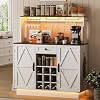 Farmhouse Coffee Bar Cabinet with LED Light and Power Outlet Wood Coffee Bar Table with Wine and Storage for Living Room Modern Kitchen Buffet Sideboard with Adjustable Shelves White