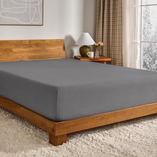 Bare Home Flannel Fitted Bottom Sheet 100% Cotton Velvety Soft Heavyweight - Double Brushed Flannel - Deep Pocket (Queen Grey)