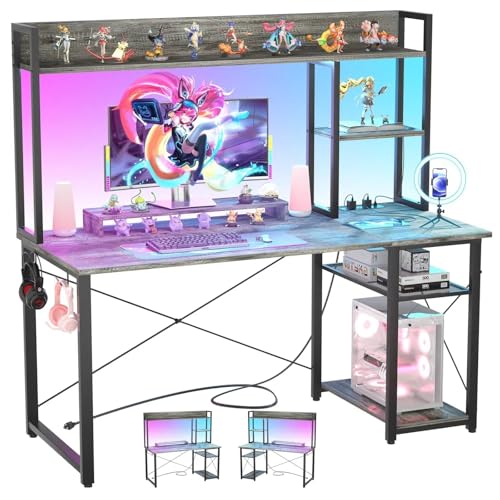 iSunirm Gaming-Schreibtisch mit Aufsatz, 47-Zoll-Computertisch mit LED-Leuchten und Steckdosen, Home-Office-Schreibtisch mit umkehrbaren 5-stufigen Ablagefächern und Monitorständer, Grau
