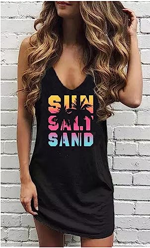 Image of Live Simple Coconut Tree Sleeveless Mini Dress Summer Beach Mini Dress Women's Summer Casual Sexy V Neck Mini Tank Dress