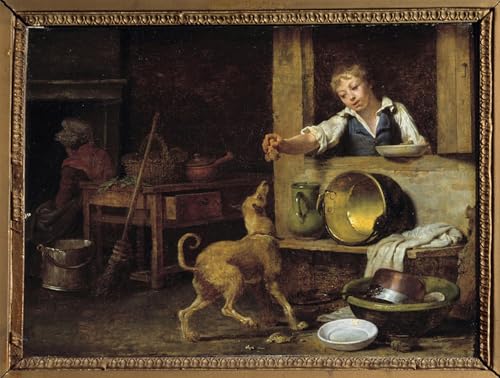 Tableau de cuisine un jeune serviteur donne au chien les restes toile 60x90cm