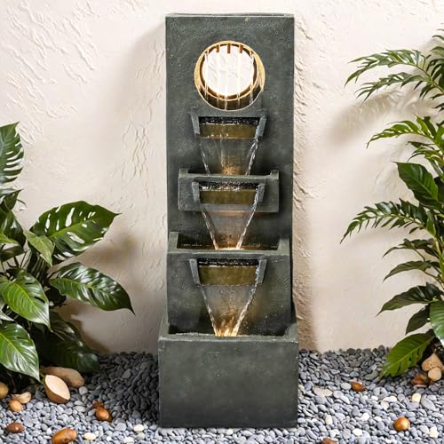 Image of SunJet 39.3 inch Modern Cascading Indoor /Outdoor Fountains and Waterfalls with LED Lights - 4-Tier Larger Water Fountain for Garden, Patio, Yard, and Deck Decor - Relaxing Water Fountain Outdoor