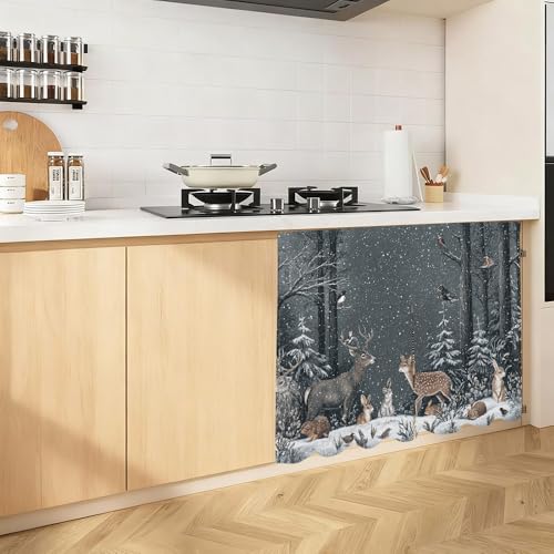 Image of Self Adhesive Forest Animals & Deer Cabinet Curtain for Mother's Day, 39x28 Inch Dark Woodland Under Sink Skirt No Drill, Spring Cleaning Kitchen Decor, Hook and Loop Laundry Valance
