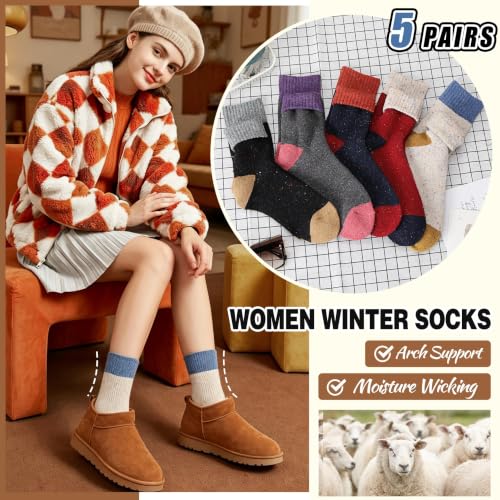 Image of EBMORE 5 Pairs Women Merino Wool Boot Socks Warm Thermal Winter Thick Hiking Cozy Cabin Crew Comfy Socks for Ladies