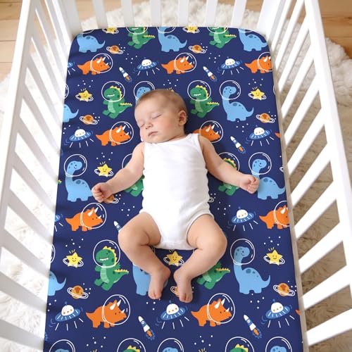Image of JISEN Baby Crib Sheets Soft Breathable Space Dinosaurs Fitted Crib Sheets for Standard Crib and Toddler Mattress Baby Bed Sheets for Boys Girls Neutral 52x28 Inch