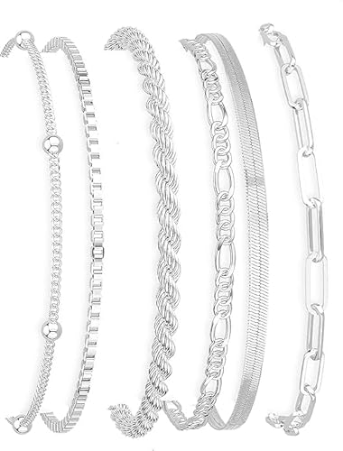 Joyandcelet Dainty Silver Bracelets for Women Trendy - 6 PCS Plated Silver Jewelry Set for Women, Chain Bracelet Stack Fashion Accessories Pack, Simple Bracelets for Women, Mom, Wife, Girlfriend