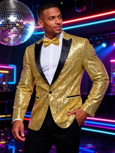 Image of Barry.Wang Mens Sequins Blazer Sparkle Dress Suit Jacket Cocktails Shiny Metallic Disco Dance Party Tuxedo Homecoming