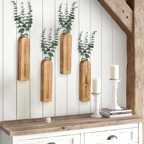 4Pack Wood Wall Planters for Indoor Plants, Bathroom, Living Room, Bedroom - Modern Farmhouse Decor Vase for Dried Flowers and Faux Greenery (Rustic Brown) - Image 2