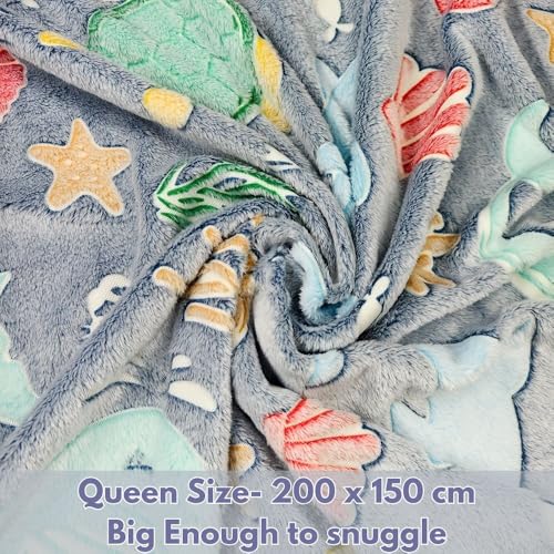 Image of Happy Hues Ocean Glow in The Dark Blanket-200 x 150 cm- Super Soft Fluffy Flannel Fleece All Season Blanket for Babies-Toddlers-Kids & Teens Boys & Girls- Best Gifting Ideas for 0-15 Years
