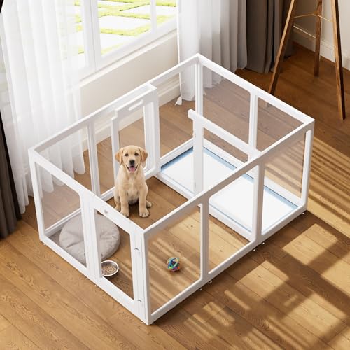 Image of Clear Acrylic Dog Playpen Indoor, Puppy Cat Small Pet Play Pen, Pet Cat Playpen for Rabbits, Dog Fence Crate Kennel Whelping Cage (35 inch, White, 12 Panel)