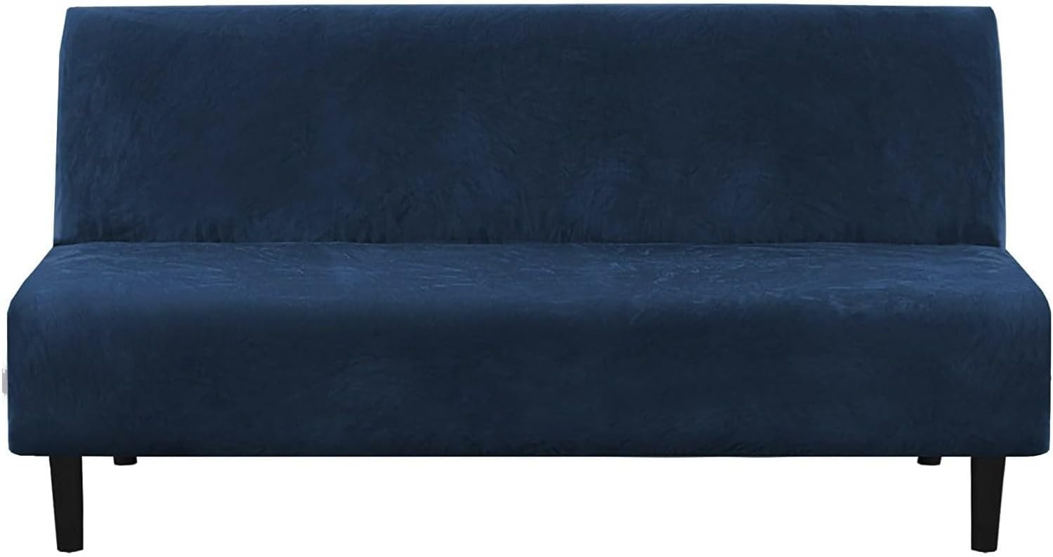 Velvet Armless Sofa Cover Folding Futon Covers Full Size Sofa Bed Slipcover Furniture Protector for Living Room Navy Blue