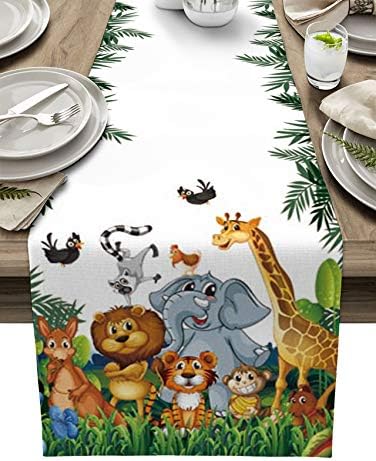 Linen Burlap Table Runner 13"x36", Wildlife Safari Cute Cartoon Animals in Jungle Forest Farmhouse Table Runners Non-Slip for Holiday Parties, Dining Room, Home Kitchen, Wedding Decorations