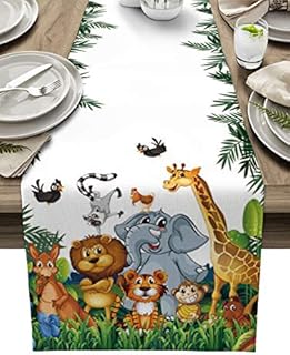 Linen Burlap Table Runner 13"x36", Wildlife Safari Cute Cartoon Animals in Jungle Forest Farmhouse Table Runners Non-Slip for Holiday Parties, Dining Room, Home Kitchen, Wedding Decorations