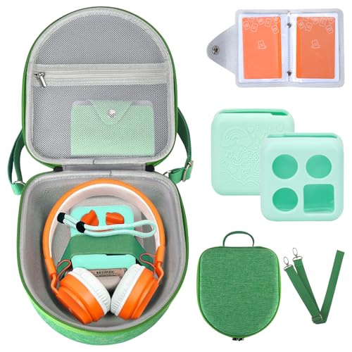 Image of Hard Case Compatible with Yoto Mini (2024 Edition), 3-in-1 Travel Bundle: Silicone Cover + Case with Shoulder Strap (Fits Mini Player & Headphones) + Up to 10 Card Holder for YOTO Cards (Green)