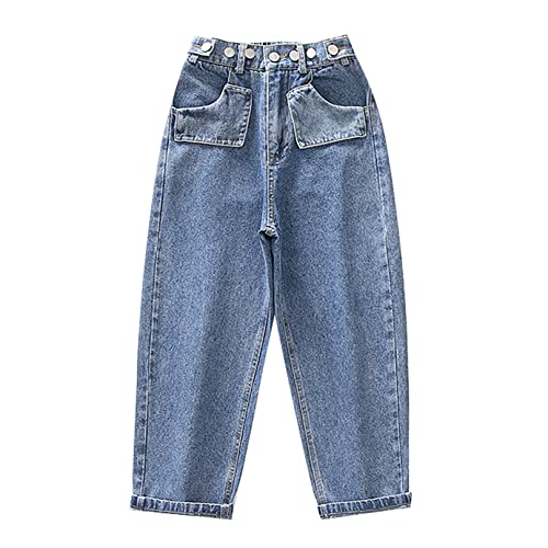 Kids Girls Fashion Jeans Teens Distressed High Waist Button Denim Pants with Pockets Casual Outdoor Hiking Trousers