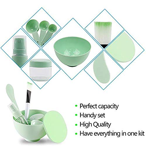 Teenitor DIY Facemask Mixing Tool Kit with Big Volume Mask Bowl Spatula Brush Spray Bottle Puff Soaking Bottle Gauges Pack of 9 Green