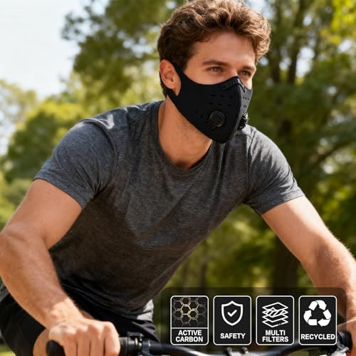 Powzdi Staubmaske Sport Maske Fahrradmaske Atemmaske trainingsmaske Luftfiltermaske mit 5 Aktivkohle Filter für Damen und Herren für Laufen Radfahren Ventil Motorrad Radsport Outdoor aktivitäten