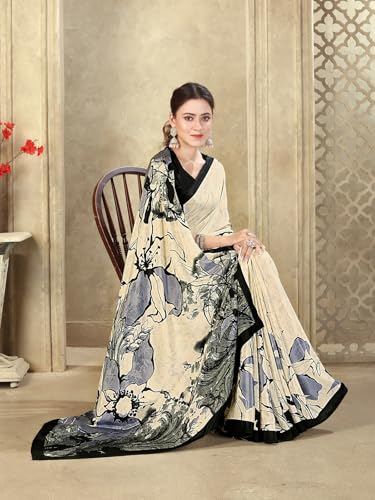 Image of SIRIL Women's Crepe Silk Printed Saree with Unstitched Blouse Piece