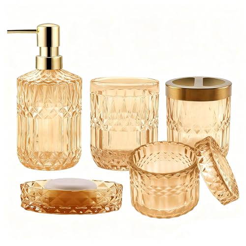 5Pcs Golden Bathroom Accessories Set, Glass Bathroom Accessories, Vintage Bathroom