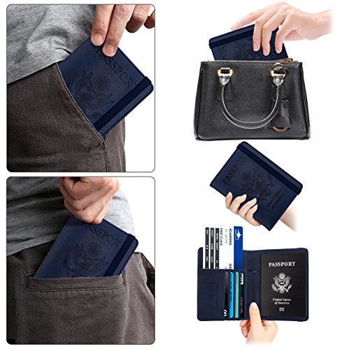 Image of WALNEW Passport Holder for Travel, RFID Passport Cover Wallet for Women Men, PU Leather Passport Book Card Holder Case with Pen (Elastic Band Closure, A-Navy Blue)