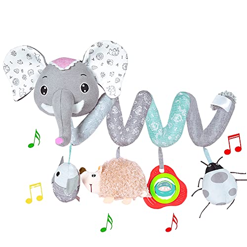Image of ORZIZRO Car Seat Toys, Baby Activity Spiral Hanging Toys for Stroller Car Seat Crib Bar Bassinet Mobile, Musical Elephant Toys for Newborn Infant Boys Girls 0 3 6 12 Months