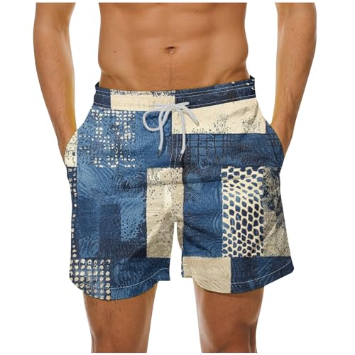 Mens Shorts Summer Casual Beach Shorts Lightweight Elastic Waist Drawstring Board Shorts Patch Plaid Print Swim Shorts