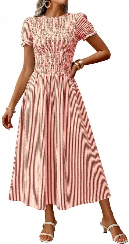 Womens Stripe Smocked Midi Dress Flowy A Line Puff Short Sleeve Crewneck Boho Vacation Beach Maxi Dresses