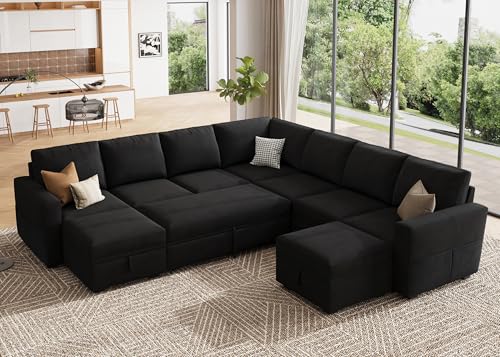 Image of HONBAY Modular Sectional Sleeper Sofa with Pull Out Couch, Oversized U Shaped Sleeper Pull Out Bed with Storage Sectional Couches for Living Room - Black