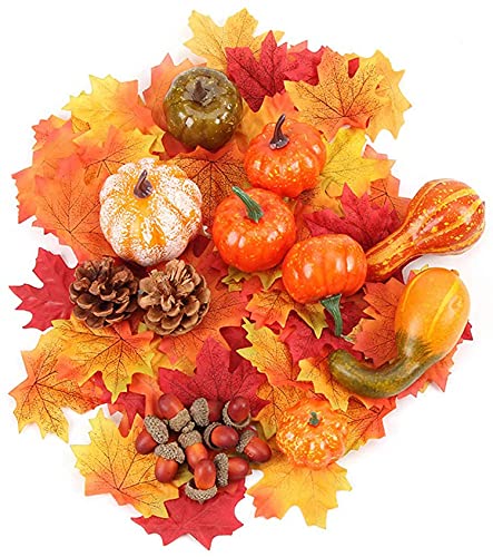 Künstliche Kürbisse Dekoration, 70pcs Thanksgiving Dekoration Set, Mini Künstliche Kürbisse Ahornblätter Tannenzapfen Eicheln Granatapfel für Herbst Halloween Weihnachten Party Tischdekorationen Cover