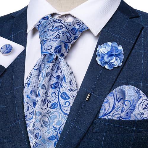Image of DiBanGu Mens Silk Ascot Ties Paisley Jacquard Woven Cravat and Pocket Square Cufflinks with Lapel Pin for Business Wedding