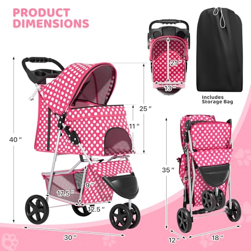 Image of Magshion 3-Wheel Pet Stroller, Foldable Travel Jogger for Small & Medium Dogs & Cats (Up to 33lbs), Lightweight Carrier with Breathable Mesh Cover, Cup Holder & Storage Basket, Hot Pink Polka Dots