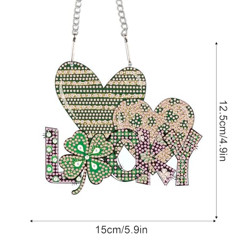 Image of DIY Diamond Painting Hanging Ornament - St. Patrick's Day Lucky Sign with Shamrock and Hearts, 5D Green Rhinestone Craft for Wall Door Festival Decor