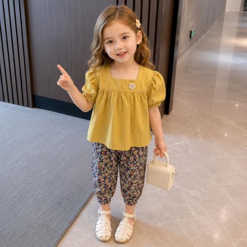 Image of Bold N Elegant Girls Floral Print Balloon Sleeve T-Shirt Top and Capri Shorts Summer Clothing Set for Infant Toddler Baby Girls
