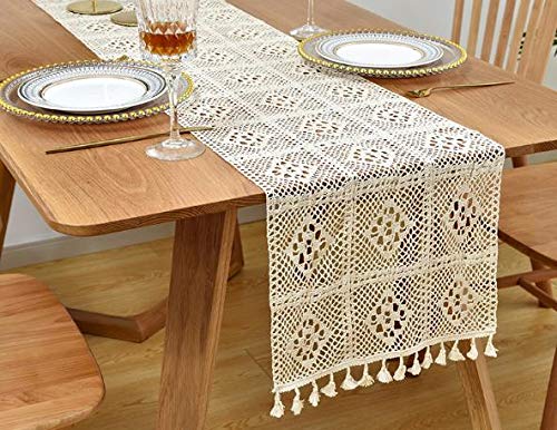 DecentGadget Camino de mesa de encaje de ganchillo con borlas para decoraciones...