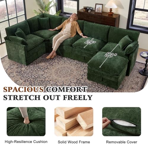 Image of Ihanherry Oversized Modular Sectional Sofa with Storag, 6-Seater V Shaped Cloud Couch with Movable Ottomans, Chenille Deep Seat Corner Couches for Living Room (Green)