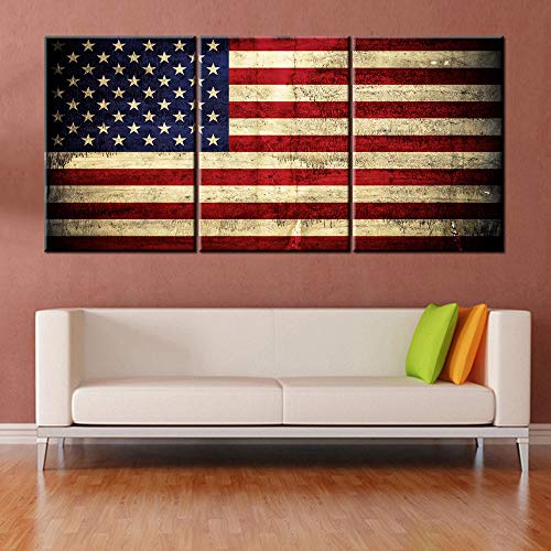 Native American Flag Pictures Star Stripes Paintings Patriotic Artwork Grunge Red Wall Art 3 Panel Prints On Canvas For Living Room Giclee House Decoration Framed Stretched Ready To Hang(60''Wx28''H) #TOP9