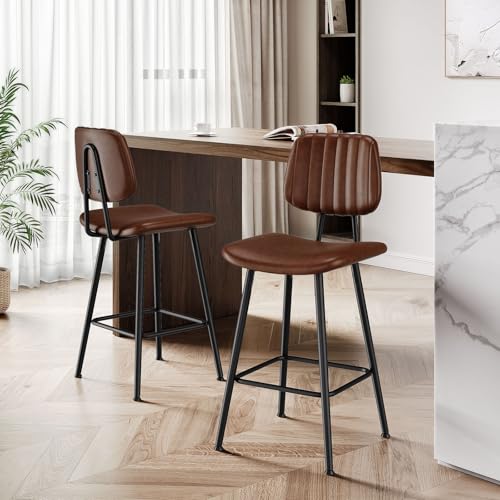 Image of Raynesys 24-Inch Leather Bar Stools Set of 4 with High Backrest, Dark Brown