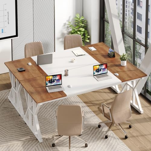 Image of 63 inch Large Computer Desk with Thickened Frame for Home Office, Living Room | Modern Simple Executive Desk, Larger Gaming Desk with X-Shaped ReInchforcement, Brown /White