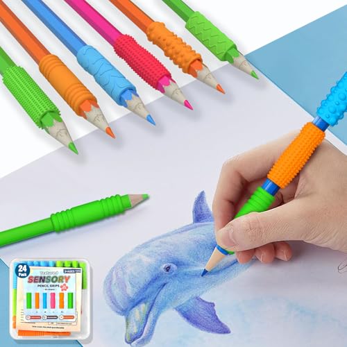 24 Pack Textured Pencil Grips - Sensory Fidget Toys for ADHD & Autism
