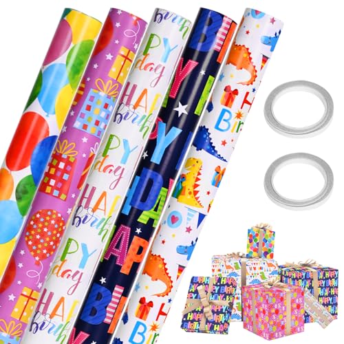 5 Rollen Geschenkpapier Geburtstag Kinder 43 x 300 cm Geschenkpapierpapierrolle mit Doppelseitigem Klebeband Geschenkpapier Rolle für Junge Mädchen Kindergeburtstag Gastgeschenke