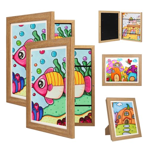 Orankay 3Pack Kids Art Frame - Kids Artwork Frames Changeable,Kids Art Frames Front Opening Holds 150,10x12.5 Children Artwork Frames for Kids Art,Kid Art Picture Frame With Storage for Display photo (Wood)