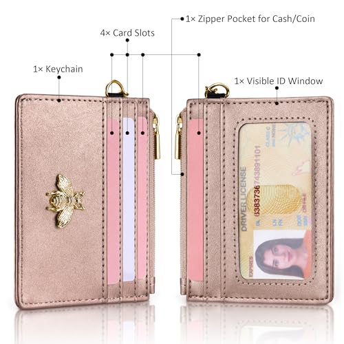 Image of SEAVILIA Card Holder Keychain Wallet for Women with ID Window RFID Coin Purse Bee Gifts Slim Minimalist Small Wallet