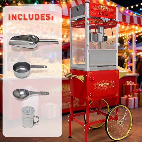 Image of Commercial Popcorn Maker Machine - 28OZ Stainless Steel Kettle Cart, Vintage Movie Theater Style Popper for Home, Parties, Christmas & Events - Red (28OZ /Cart)