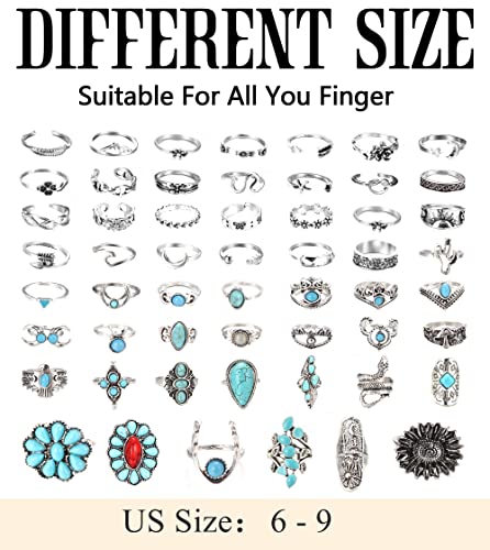 Fansilver 76Pcs Western Turquoise Rings For Women Bohemian Rings Set Stackable Joint Finger Rings Women's Stacking Rings Vintage Silver Knuckle Rings #TOP1