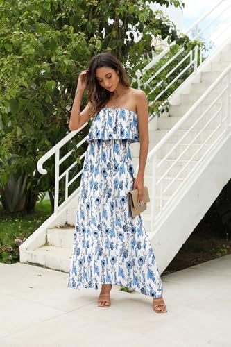 Image of ZMPSIISA Women's Summer Off The Shoulder Maxi Dress Ruffle Strapless Blue White Porcelain Boho Casual Loose Long Dresses